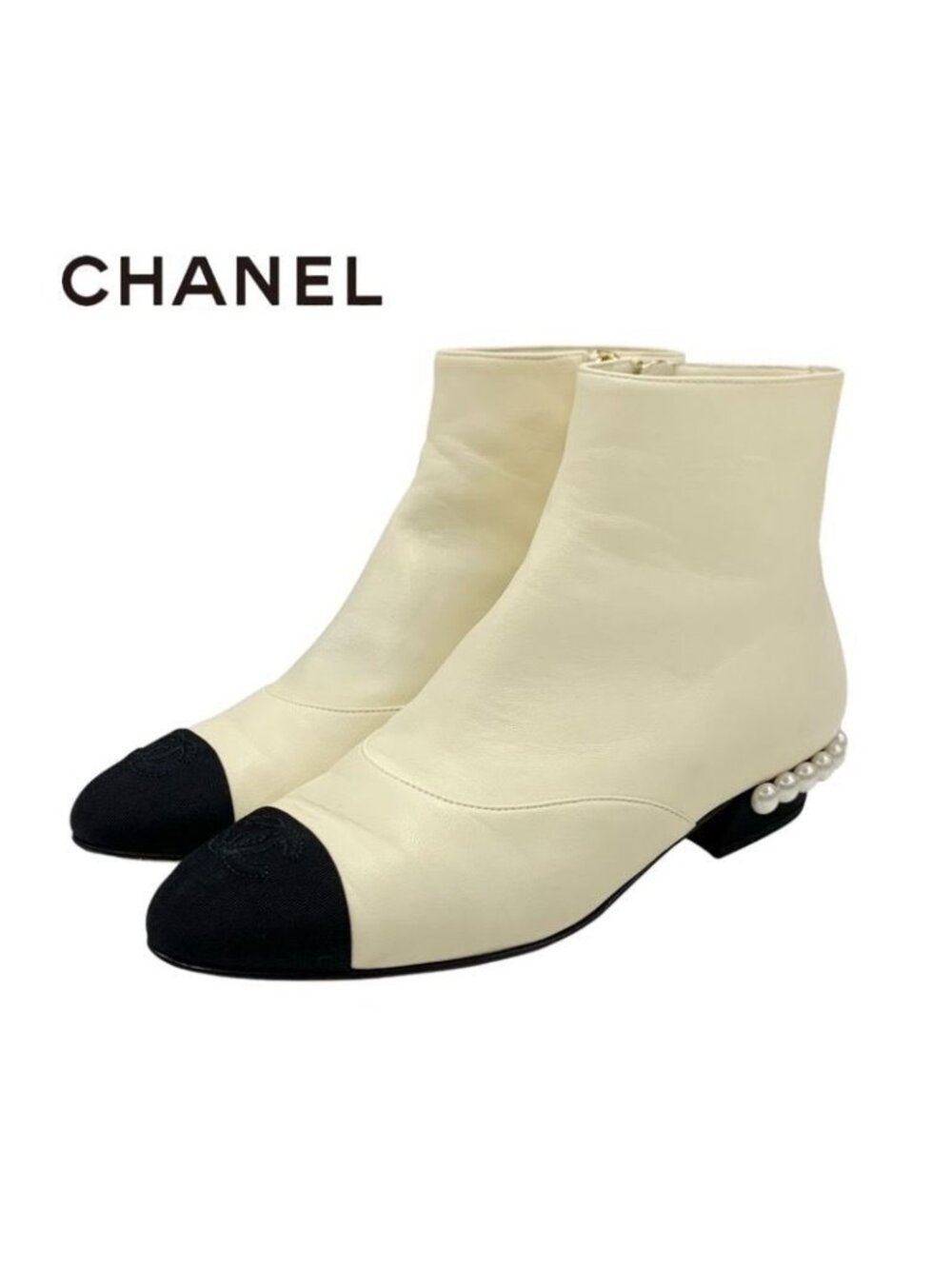 Chanel Boots Short Shoes Leather Fabric Ivory Black Coco Mark Pearl - Picture 2 of 11